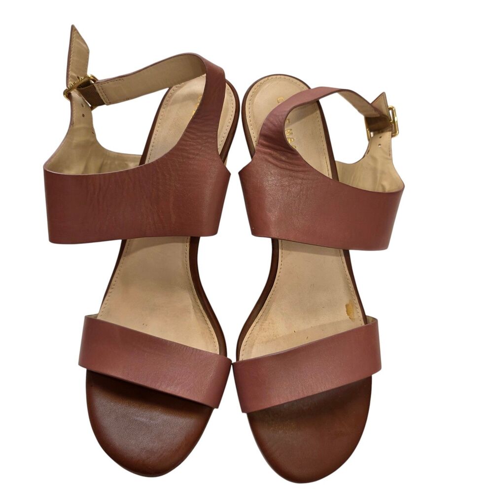 Cole Haan Women 10 Brown Leather Ankle Strap Block Heel Sandals Wood Heel